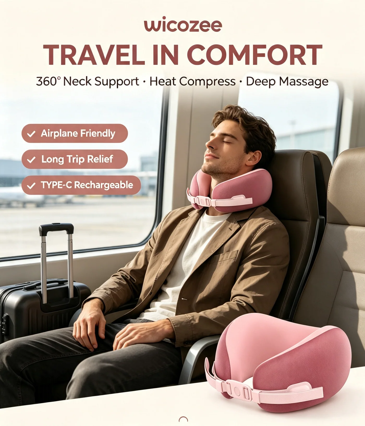 Wicozee T1 neck pillow and NM001 neck massager in a travel setting